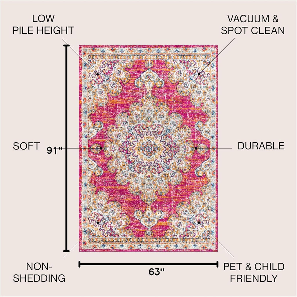Boho Vintage Pink/Cream Indoor Area Rug, Bohemian Flair Medallion, Chic, Floral, High Traffic, Pet Friendly