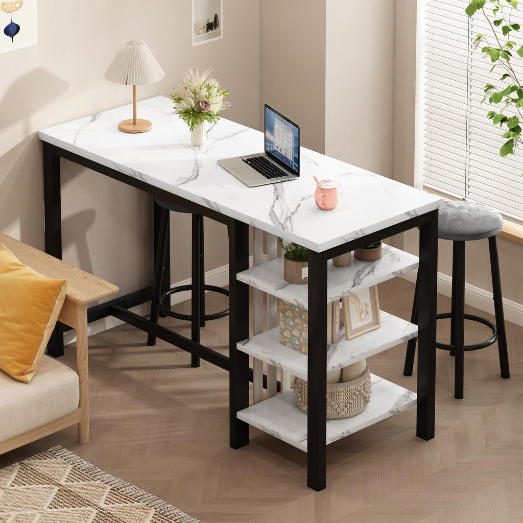 Bar Table Set with Storage Shelves, 47" Modern White Faux Marble Breakfast Table with 2 Velvet Stools, 3-Piece Dining