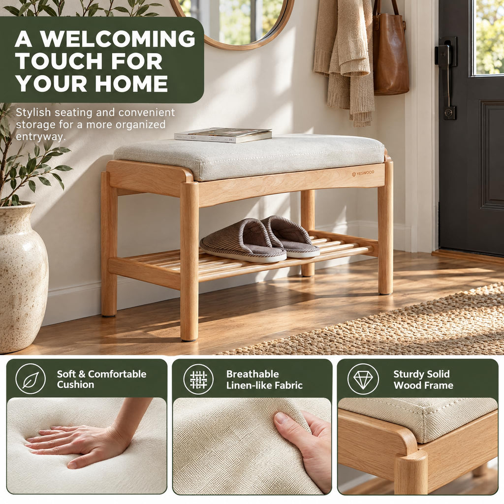 Solid Wood Shoe Bench, 32 Inch Entryway Bench with Light Gray Cushion