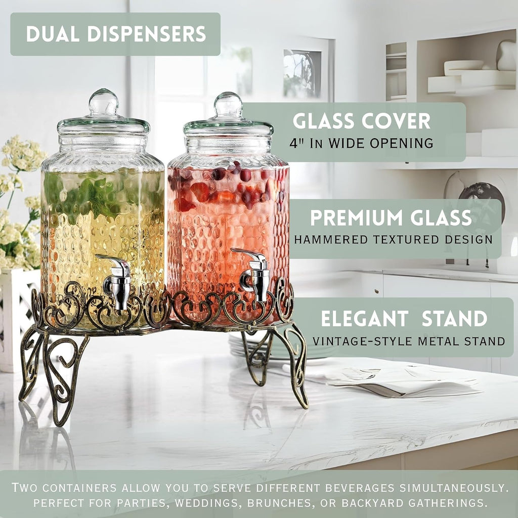 With Classy Metal Stand (), 1.Gallon Glass Drink Dispenser with 100% Leak Proof Spigot, Party Drink Dispenser - Set of 2