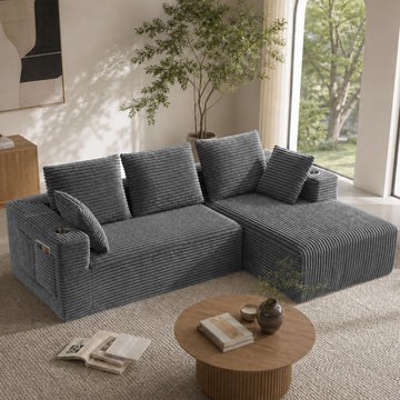 95"Boneless Couch, L Shaped Couch with Chaise & Cup Holders & Pocket