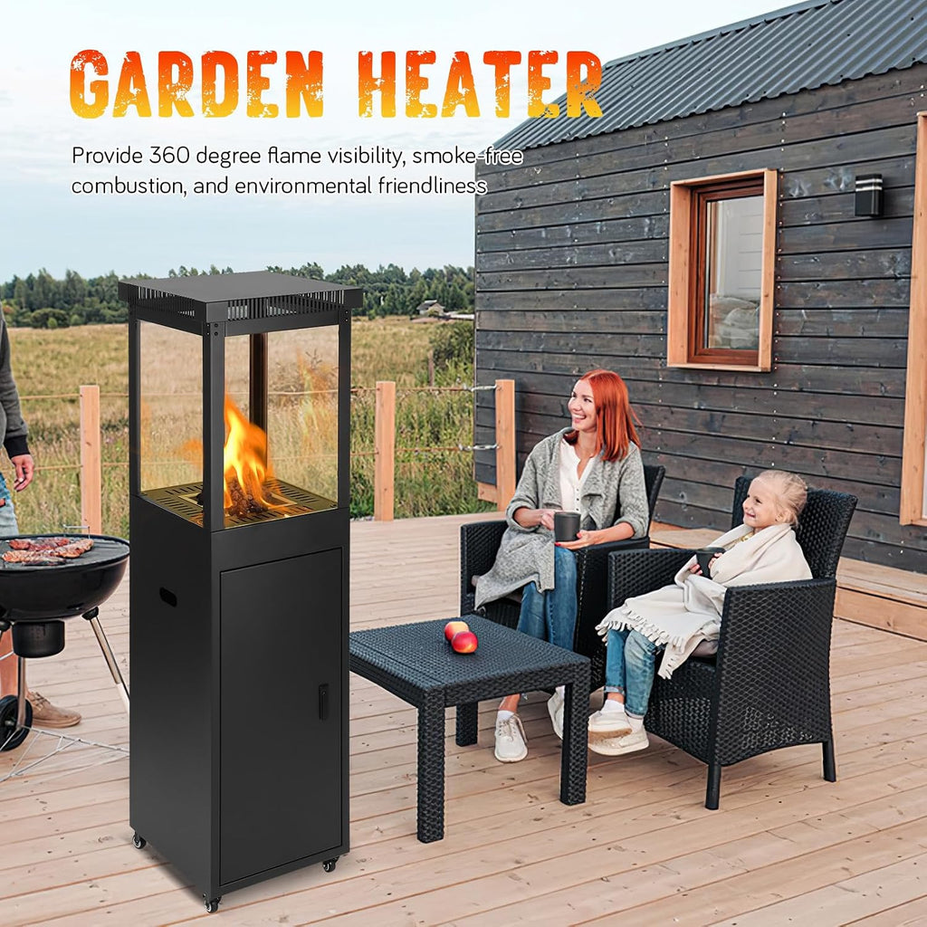 Outdoor Propane Heater: Standing Gas Heater With Glass Panel Lockable Wheels, 41,000 Outdoor Heating Burner Garden