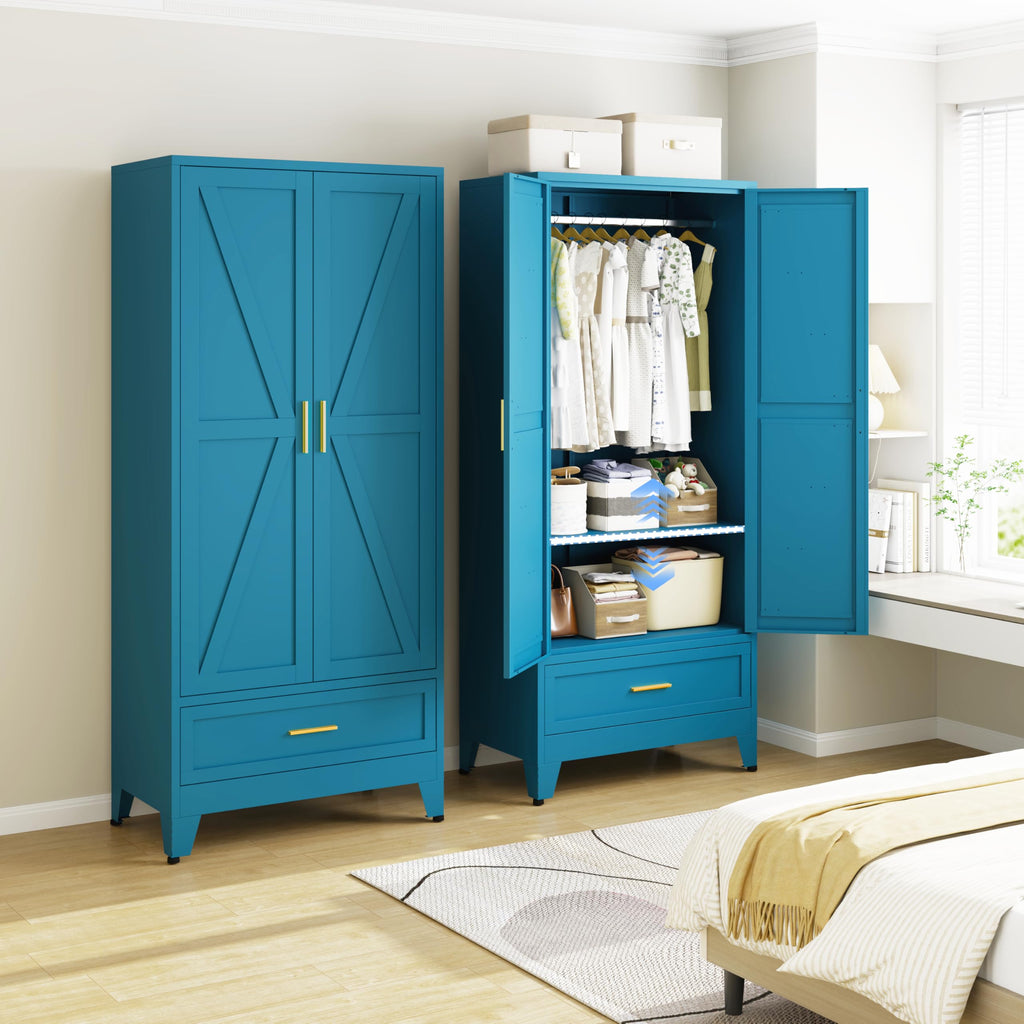 71" Metal Wardrobe Closet Clothing Storage Cabinet with 1 Drawers