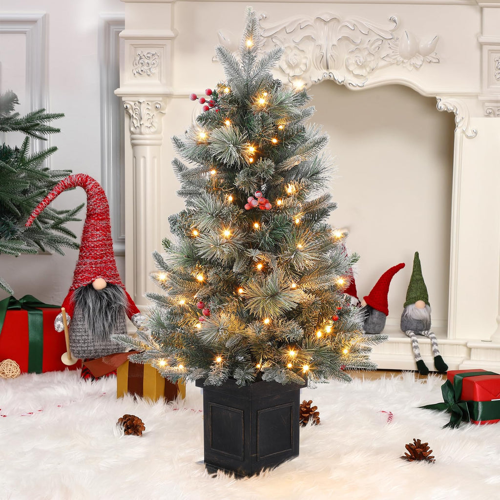 3FT Prelit Snow Flocked Christmas Tree with Prelit Premium 70 LED 8 Mode Battery Powered Mini Small Xmas Tree for