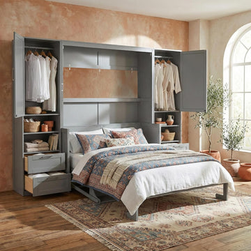 Queen Murphy Bed with Desk, Multifunctional Foldable Wall Bed with Closet, Drawers and Shelves, Space-Saving Wood