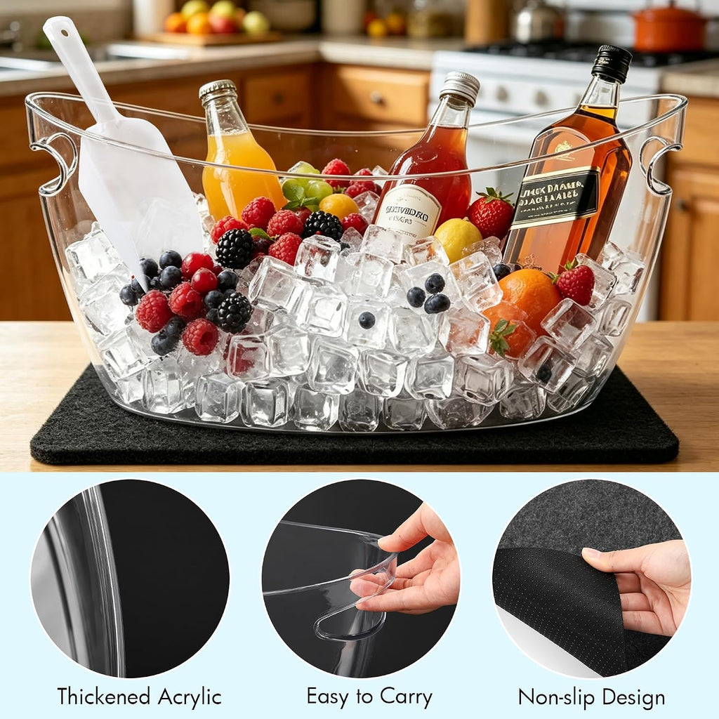 Ice Buckets for Parties 5.5L Large Clear Acrylic Beverage Tubs with 2 Scoops 2 Felt Mats, Champagne Buckets - Set of 2