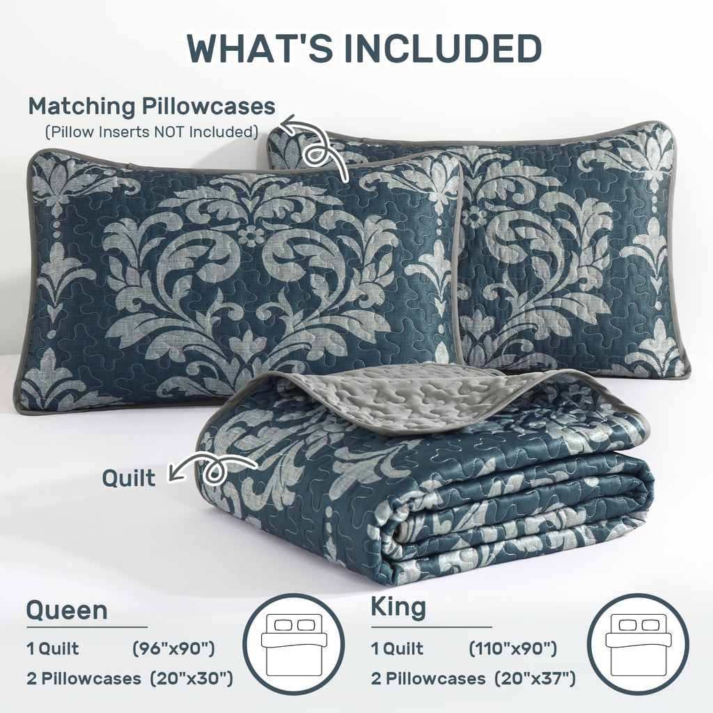 Quilt Bedding Set Navy Damask Bedspread Coverlet 3-Piece