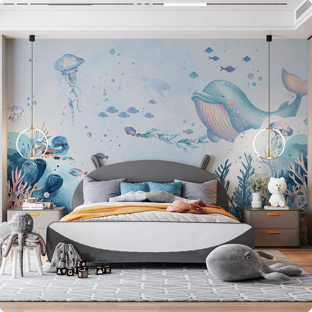 Large Kids Room Blue Ocean Theme Nursery Wallpaper Mural Peel and Stick | 148"W x 110"H Cartoon Undersea World Ocean