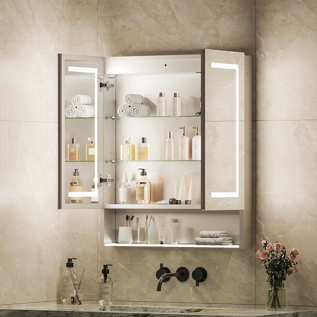 Lighted Medicine Cabinet with Double-Sided LED Mirror, Aluminum Bathroom Mirror Cabinet with Storage, Dimmable 3