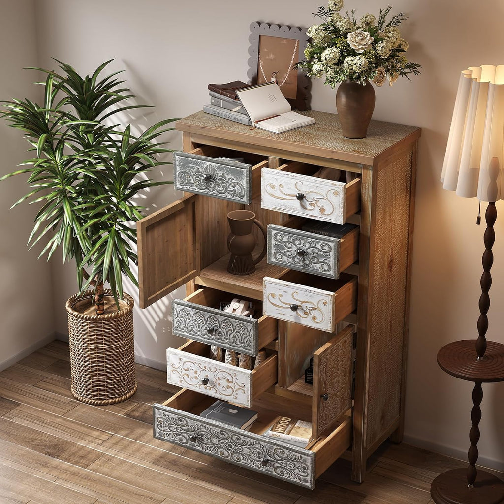 Solid Wood Tall Accent Chest with Drawers,Carved Storage Cabinet | Storage Drawers,Solid Wood Material,Hand-Carved
