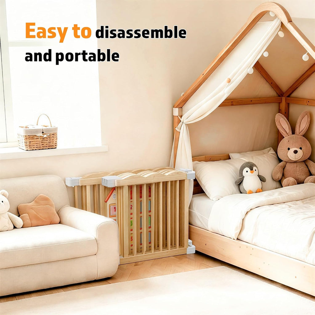 Wooden Baby Playpen with Built-in Activity Panel, 50x65x24In | Large Adjustable Natural Pine Wood Play Pen with