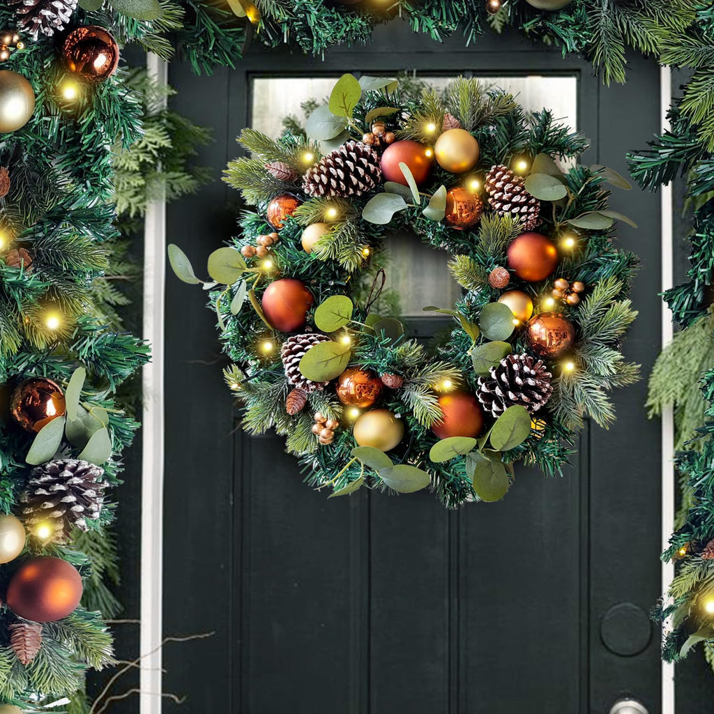 Pre-Lit 20 Inch Copper Gold Christmas Wreath for Front Door