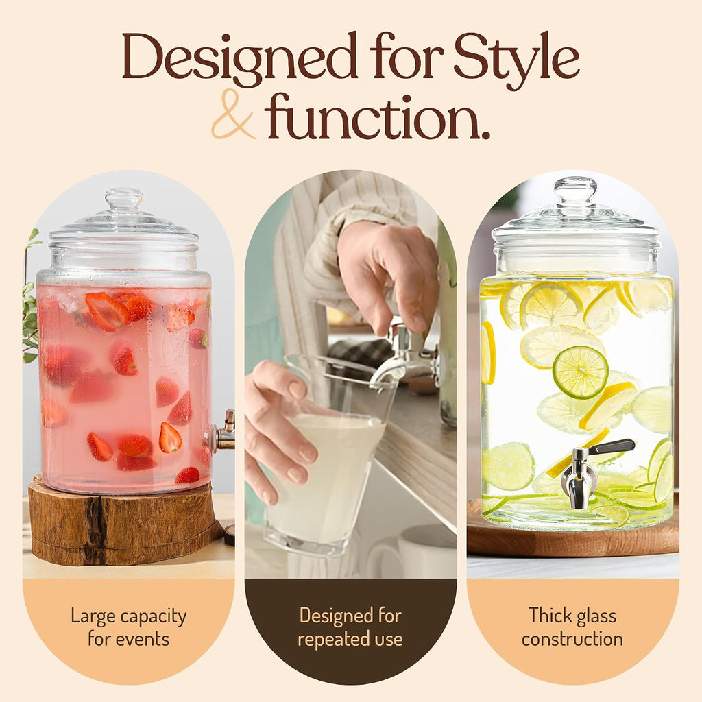 Large Glass Drink Dispenser with Spout - 1.5 Gallon Tall Mason Jar Style Beverage Server with Airtight Lid & Metal