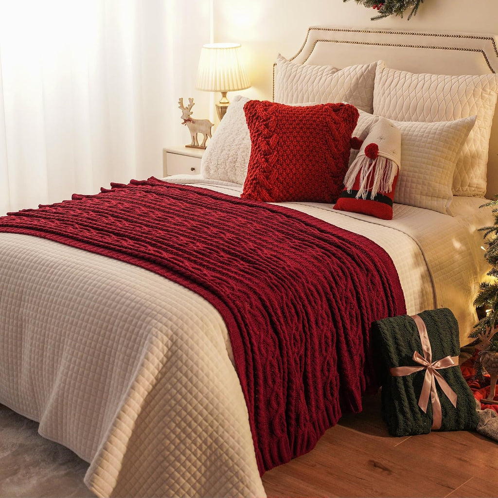 Christmas Dark Red Throw Blanket for Couch, Bed, Sofa, 51"x67", Woven Chenille Knit Throw Blankets, Gift Blanket