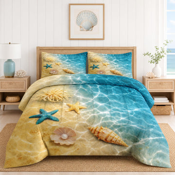 Comforter Set, 3 Pieces Beach Ocean Bedding, All Season