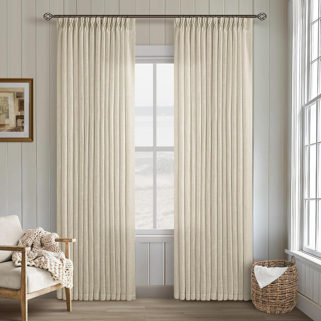 Beige Linen Curtains 96 Inches Long Pinch Pleated 2 Panels Living Room Bedroom Memory Trained Semi Sheer Neutral Flax