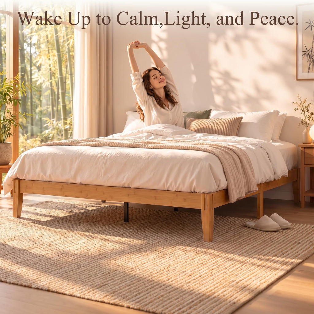 Japanese Joinery Solid Wood Queen Bed Frame, Bamboo Platform Bed, Natural
