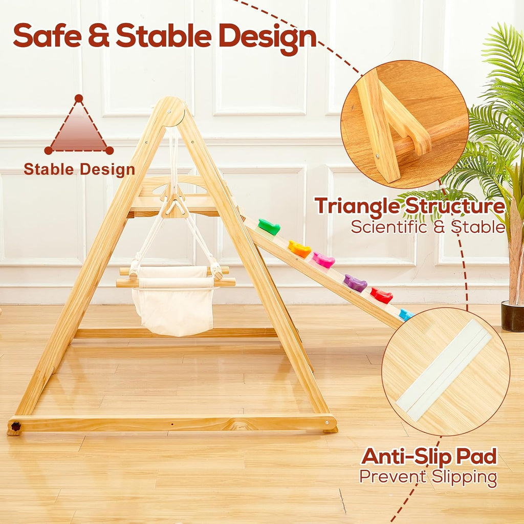 In-1 Wooden Toddler Swing and Slide Set, Foldable Montessori Jungle Gym for Toddlers 0.5-5 Years, Indoor Playground