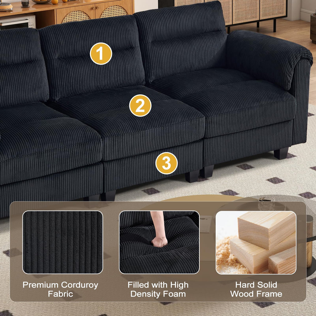 115" Modular Sectional Sofa Couch with Movable Ottoman, Oversized Corduroy U Shaped Sectional Couches with Rolled