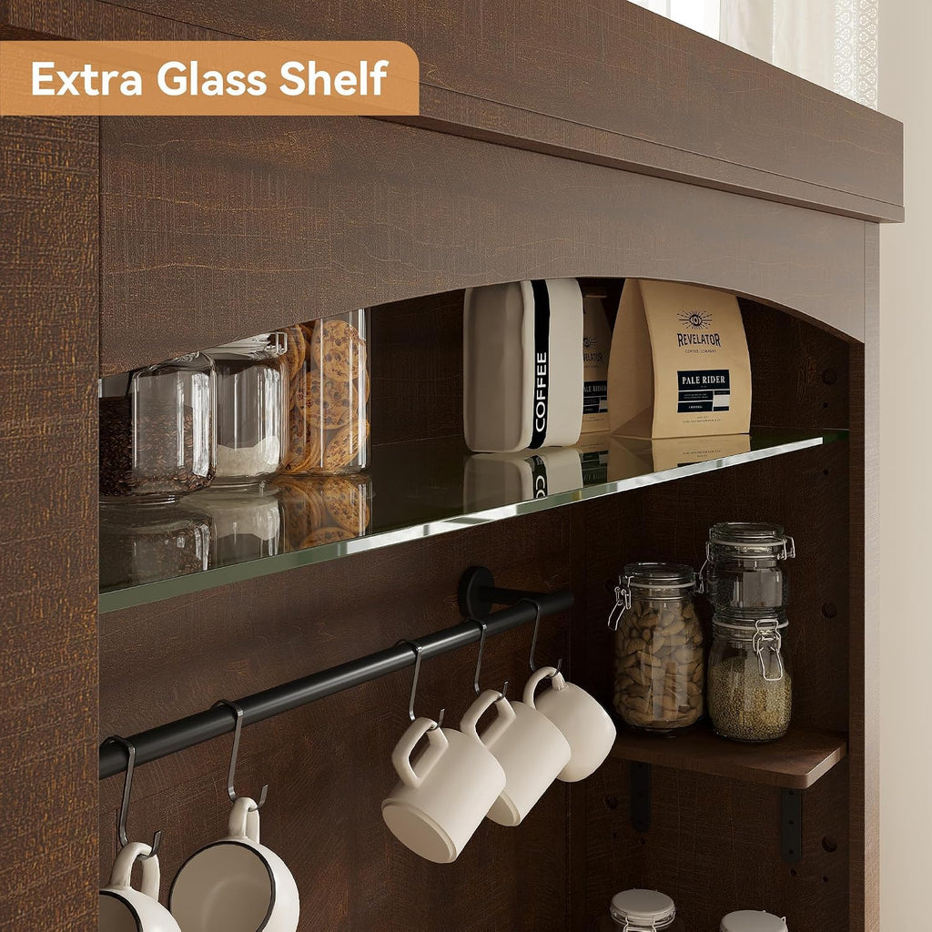 72" Farmhouse Coffee Hutch Cabinet, Large LED Buffet Sideboard with Wine Rack & Glass Shelf, Tall Kitchen Storage