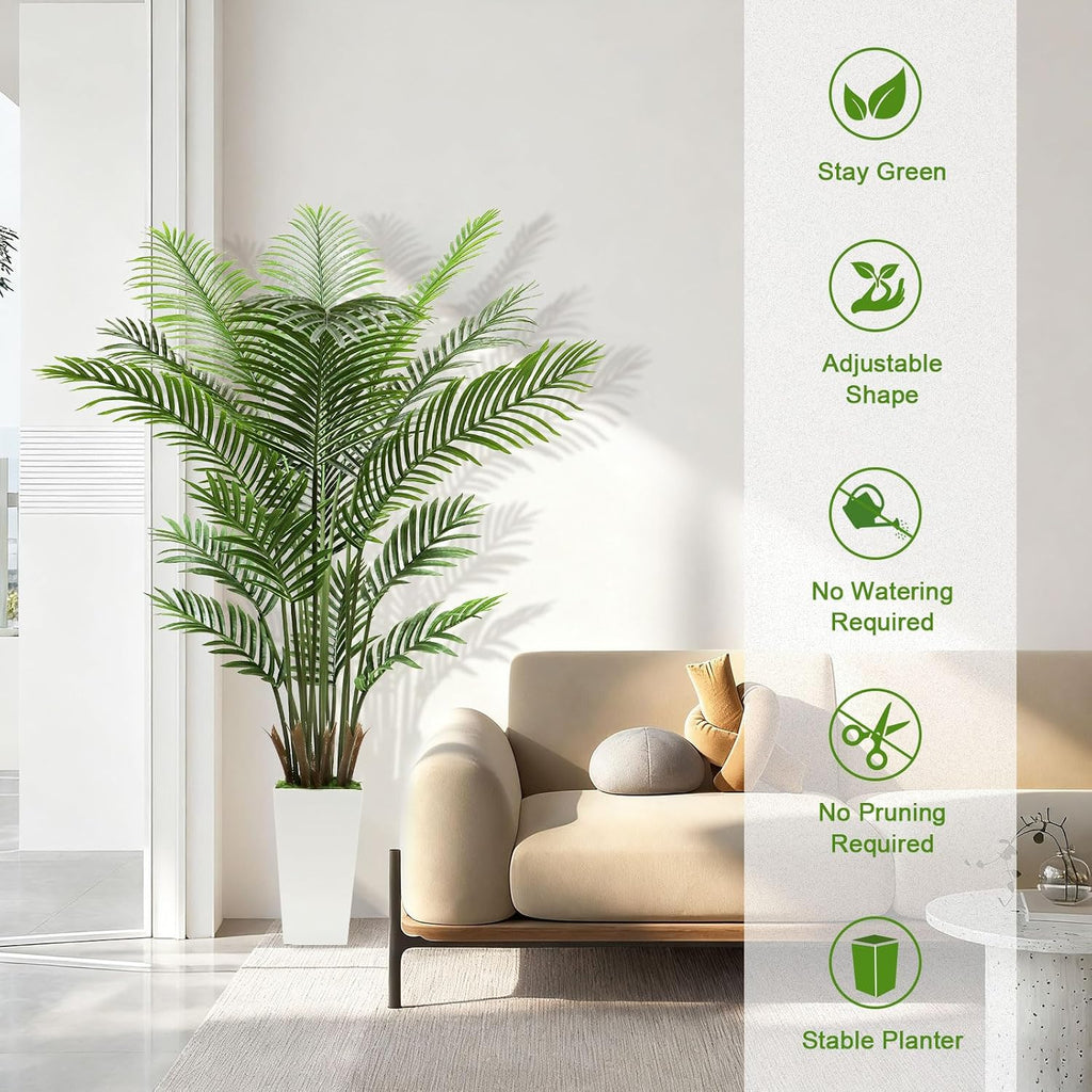 Artificial Palm Tree 6FT - Lifelike Fake Areca Palm Tree with White Tall Planter - Faux Indoor Tropical Floor Plant