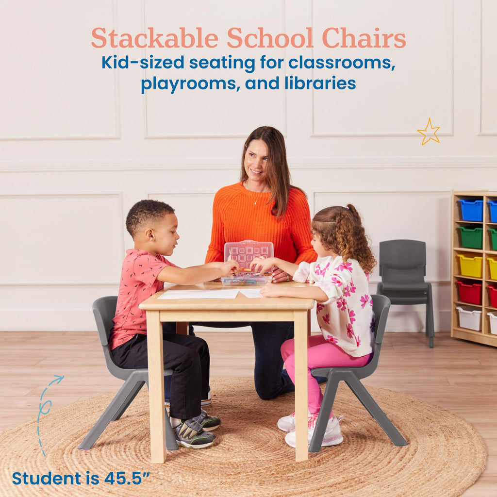 12in Plastic School Stack Chair, Classroom Furniture, Grey, 4-Pack
