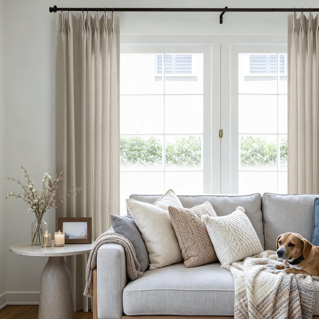 96 Inch Pinch Pleated Linen Textured Curtains Burlywood Birch