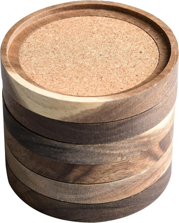Acacia Wood Coasters for Drinks, 4.13 Inch, Absorbent and Insulation Cork Stackable Cup Holders, Rustic - Set of 6