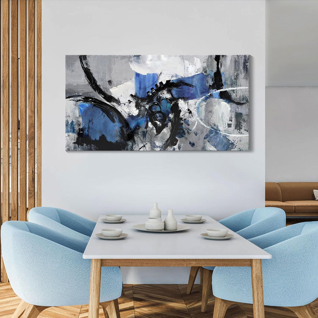Abstract Canvas Wall Art: Large Wall Art Paintings, Modern, Framed Artwork in Blue and Black -Bedroom, and Office