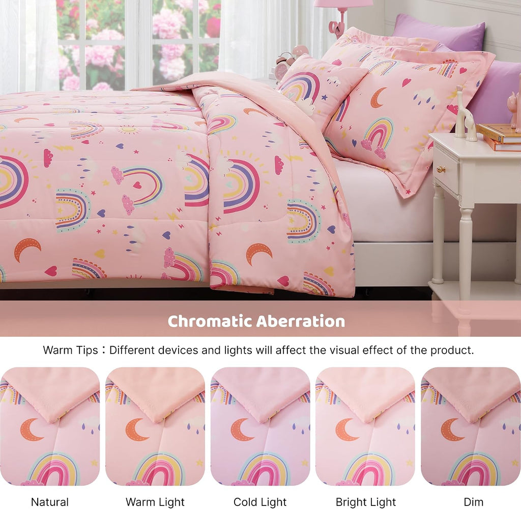 Glow in The Dark Twin Comforter Set for Girls, Pink Rainbow Bedding Set for Kids 1 Comforter, 1 Decor Pillow, 1
