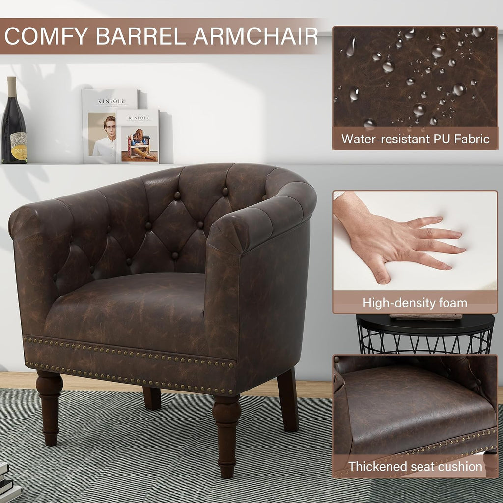 Faux Leather Barrel Accent Chair, Comfy Club Armchair with Solid Wood Legs, Upholstered Single Sofa Chair