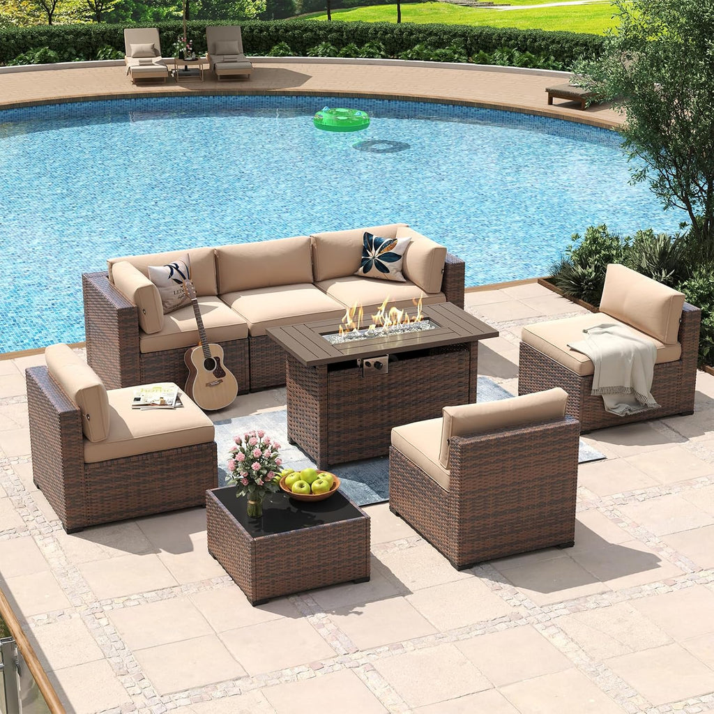 8 Piece Patio Furniture Set with 44" Fire Pit Table Wicker Rattan | Outdoor Sectional Sofa Set with Coffee Table and