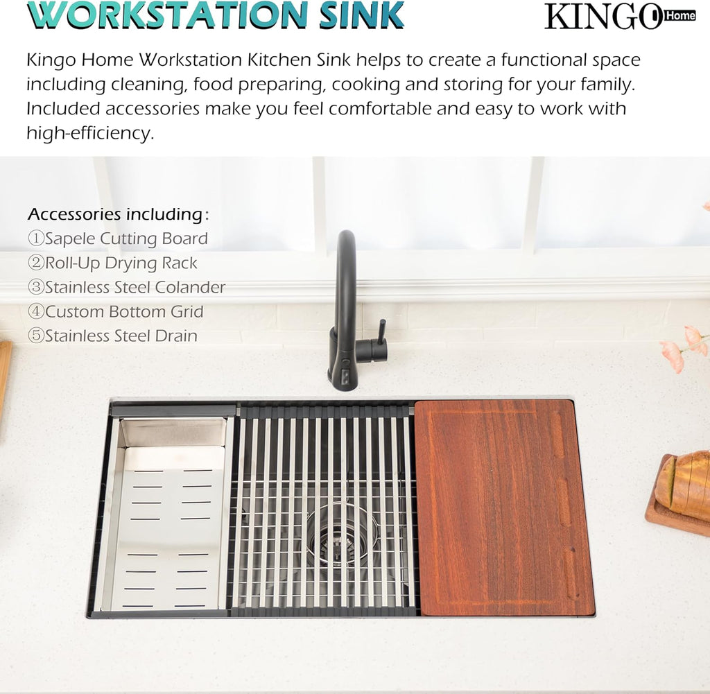 32 Inch Black Undermount Kitchen Sink, Stainless Steel Undermount Sinks Workstation Single Bowl 16 Gauge Under