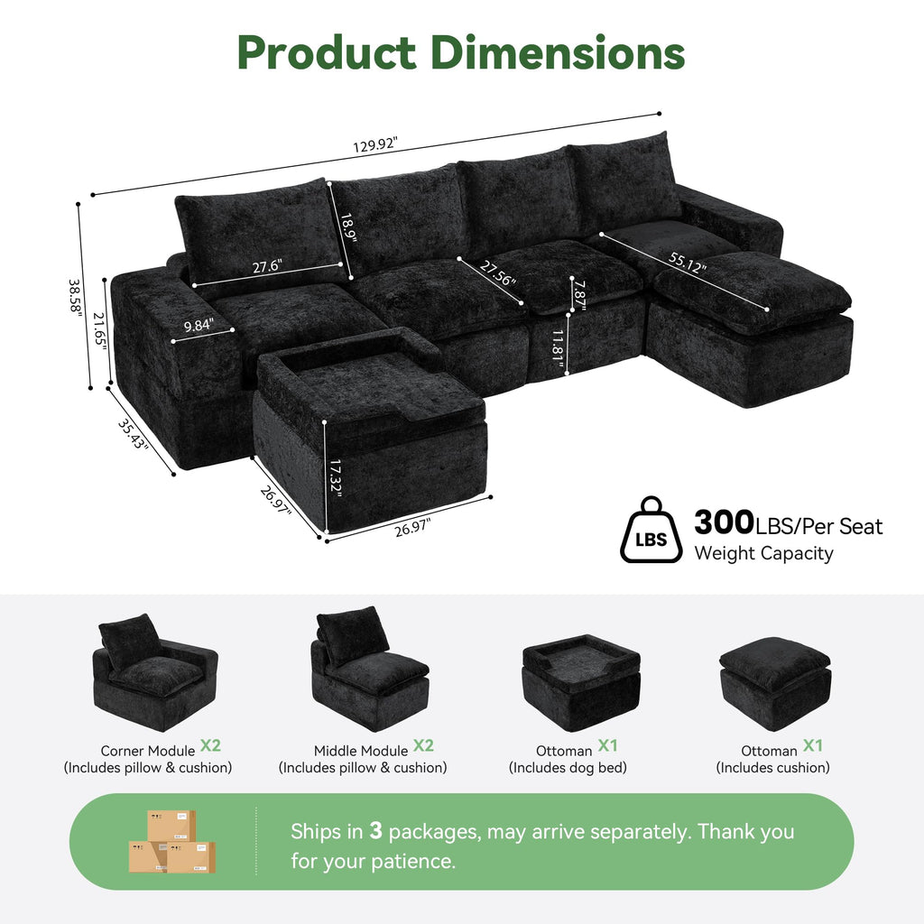 130" U Shaped Modular Sectional Sofa, 6 Seat Cloud Couch, Black