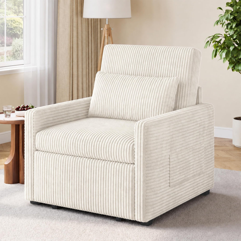 75.2" Sleeper Chair Pull Out Bed, 3 in 1 Corduroy Sleeper, Beige