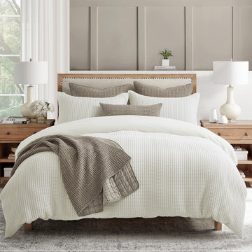 Mills Waffle Duvet Cover Set (106x94in) with 2 Pillow Shams (36x20in) - Cream - Cotton Duvet Cover Set