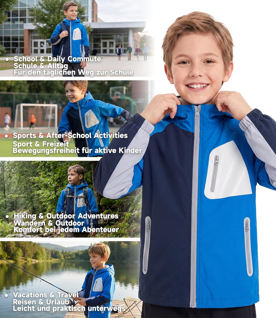 Boys Rain Jacket Waterproof Windbreaker with Hood Mesh Lined