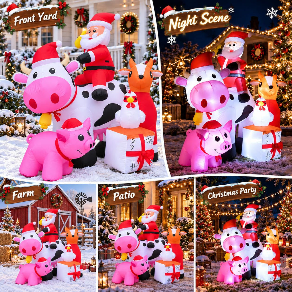 6FT Christmas Inflatables Santa Farm Scene with Blow Up Cow, Pig, Chicken & Gifts, LED Lighted Christmas Decorations
