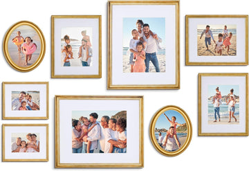 Mixed Gallery Wall Frame Set, (2) 16x20 Inch, (1) 11x14 Inch, and (2) 8x10 Inch, 9 Piece, Brass