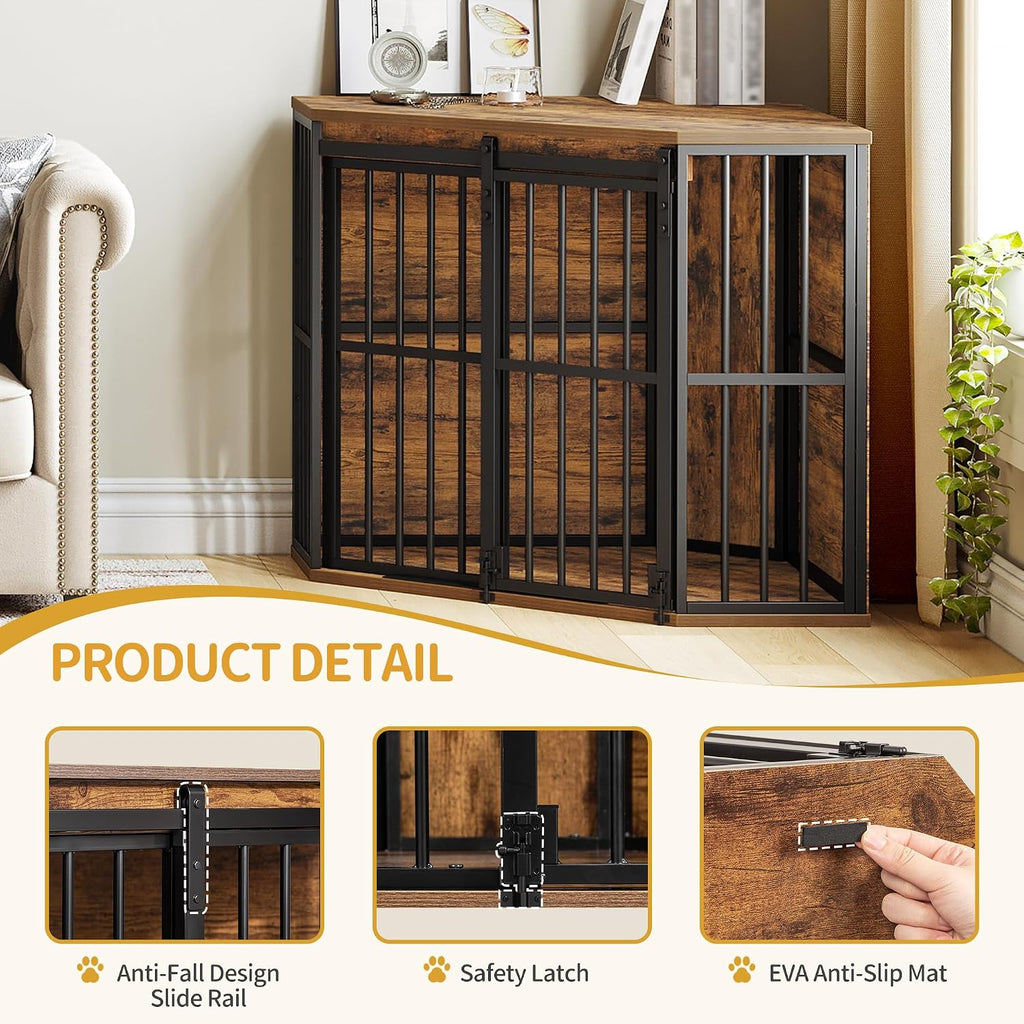 Corner Dog Crate Furniture Wooden Dog Kennel Indoor with Barn Door