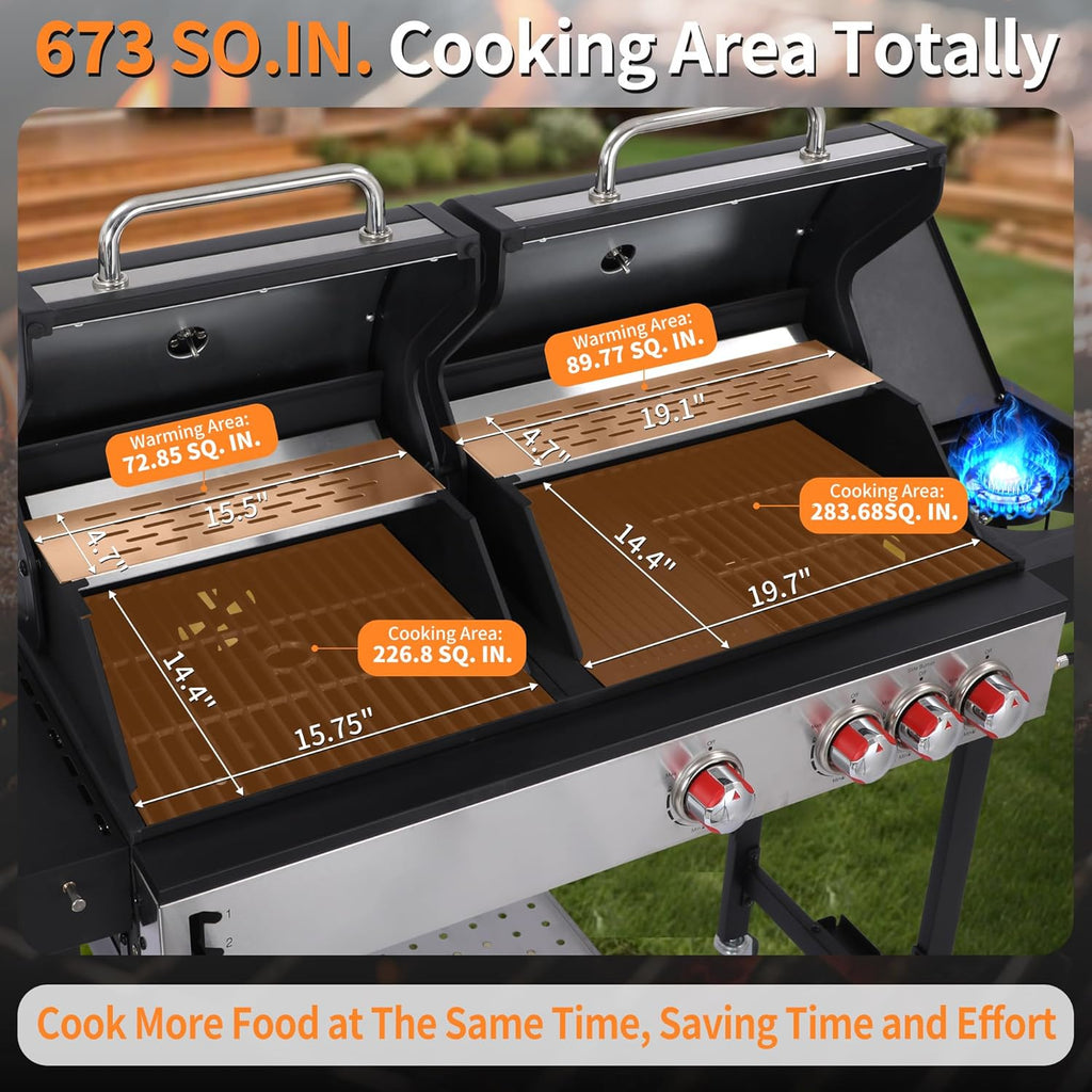 Charcoal and Propane Gas Grill Combo with Side Burner, Dual Fuel BBQ Grill with Porcelain-Enameled Cast Iron Grates