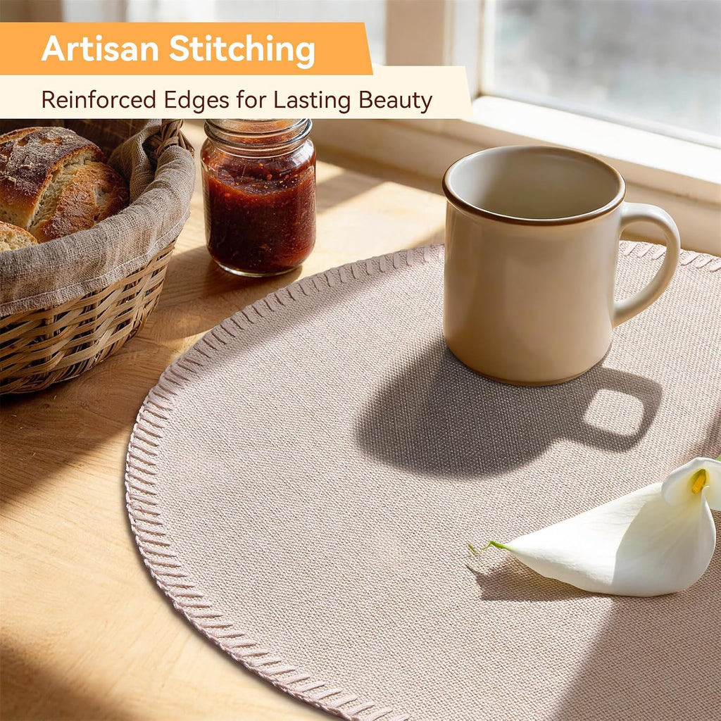 Round Placemats - Machine Washable Linen-Like Cloth Place Mats & Heat-Resistant for Dining Table - Set of 8