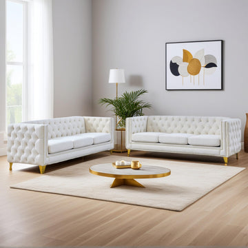 80.5" 2 Piece 3-Seater Velvet Chesterfield, Combination with 4 Pillows, Button Tufted Trimming Curved Backrest Rolled