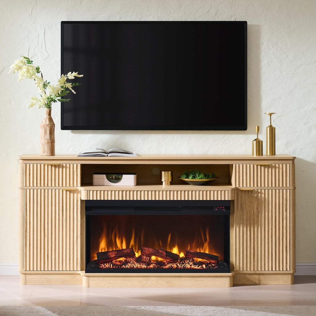 70'' Fireplace TV Stand with Storage, Fluted Media Console, Natural Oak