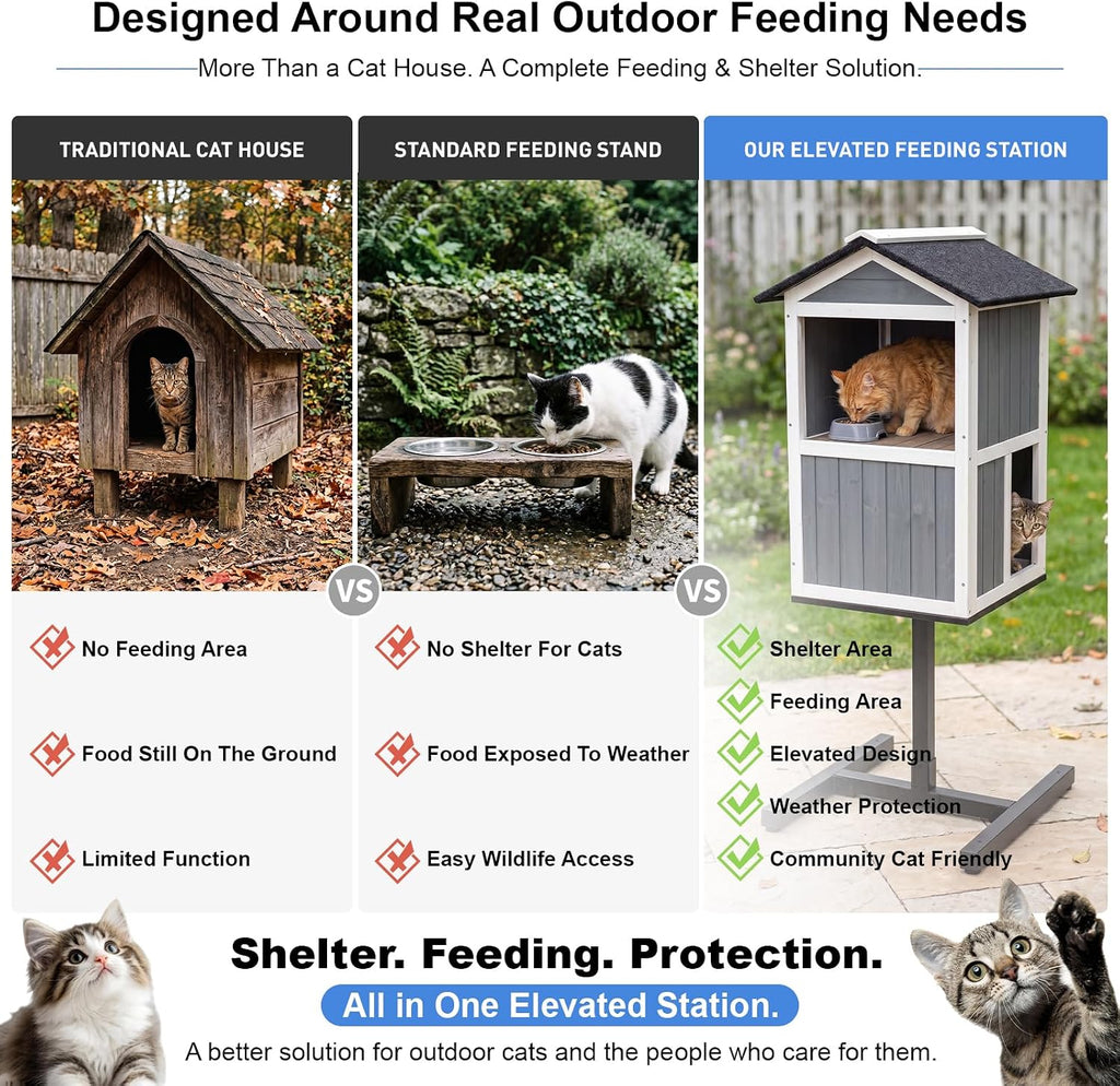 2 Story Outdoor Cat Feeding Station & Shelter, Weatherproof Elevated Feral Cat House with Steel Stand, Feeding