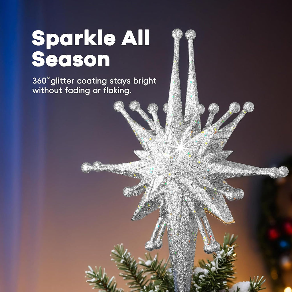 Christmas Tree Topper with Wide Coverage Light, Frosted Silver