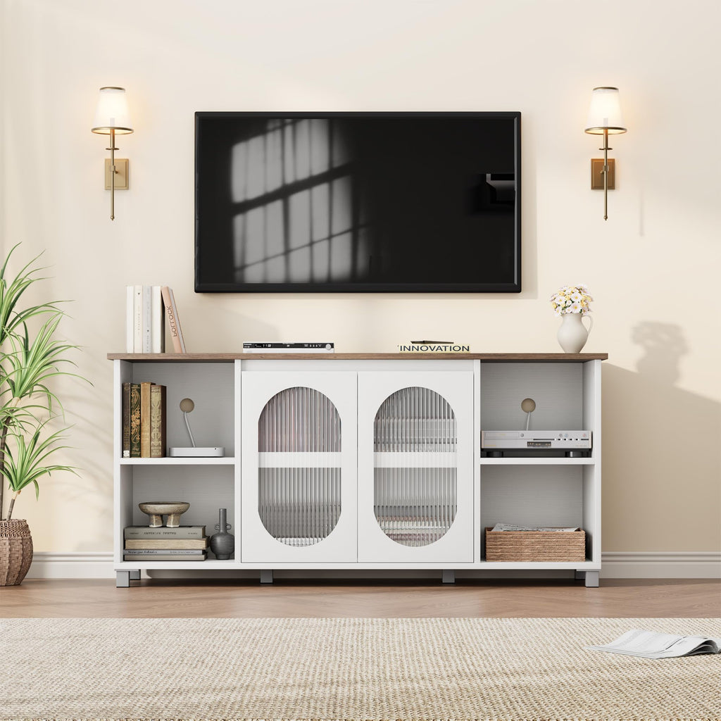 TV Stand for 65" TVs with Fluted Glass Media Console, White