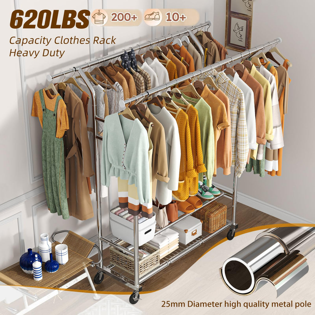 Trending Heavy Duty Clothing Clothes Rack for Hanging, Rolling Double Rod Garment Rack Organizer with Wheels Load 620