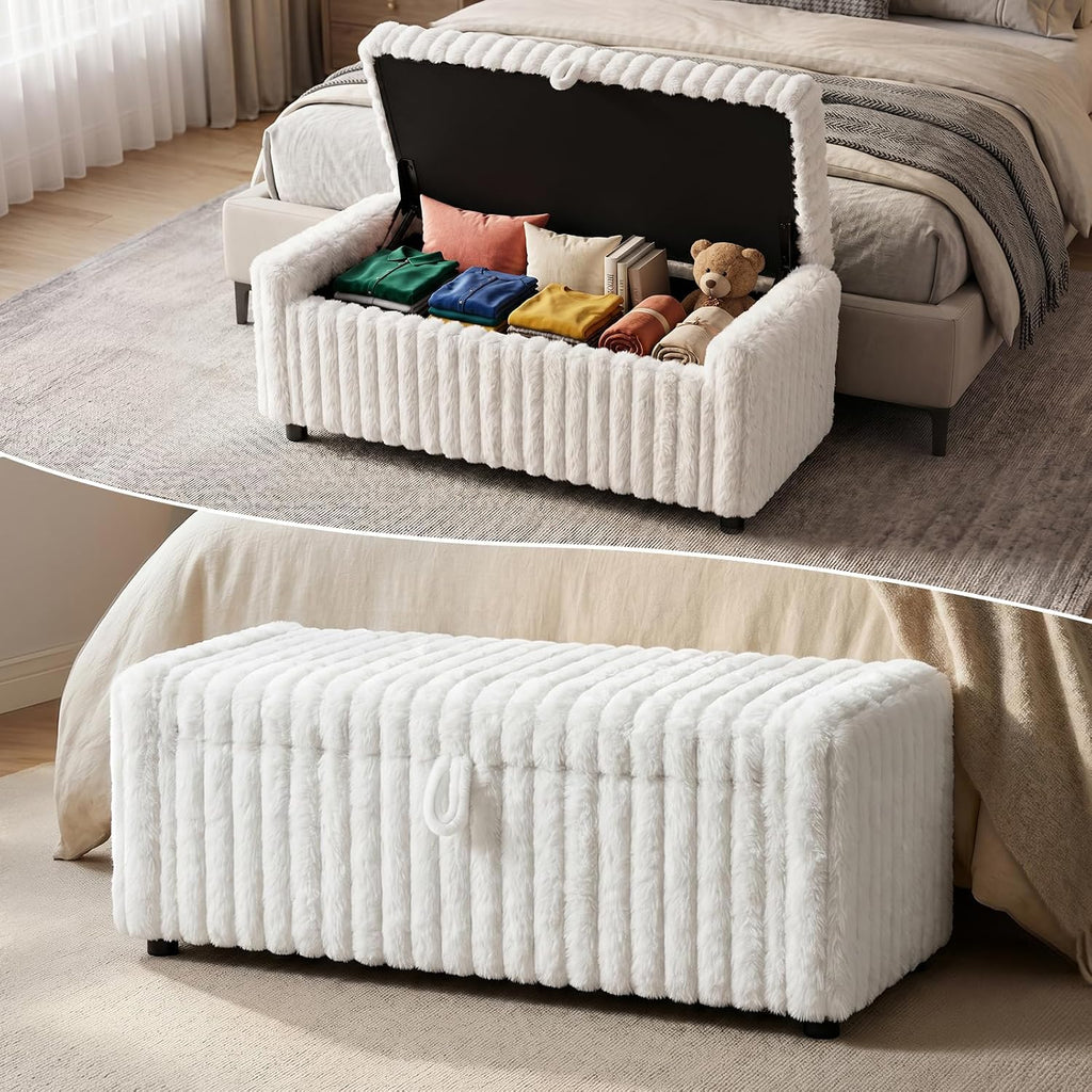 46" Storage Ottoman Bench, 30 Gallon Long Faux Fur Storage with Handles & Soft-Close Hinged Lid for Blankets and