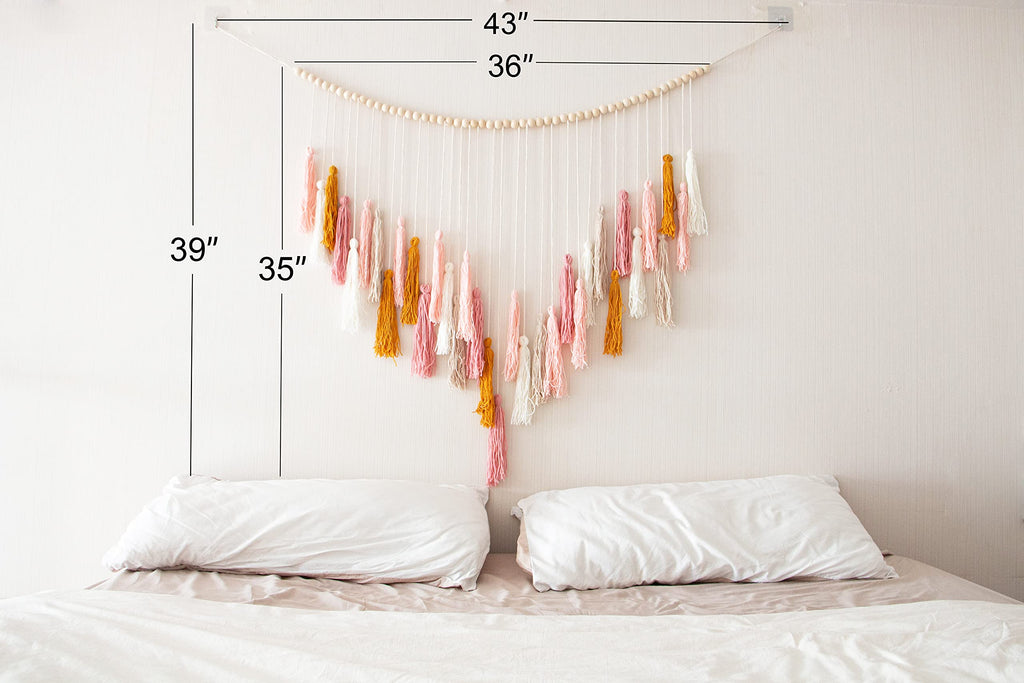 Macrame Wall Hanging - Large Macrame Wall Hanging with Wood Beads - Bohemian Wall Decor - Pink and Gold- 35'' x 36''